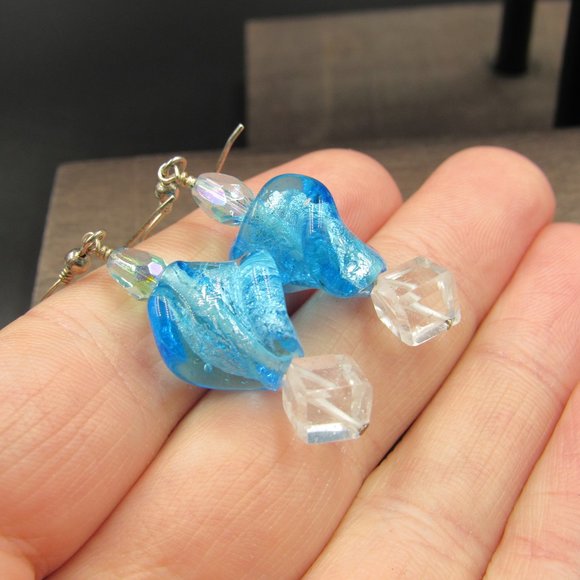 Sterling Twisted Blue Glass & Quartz Earrings - Picture 2 of 5